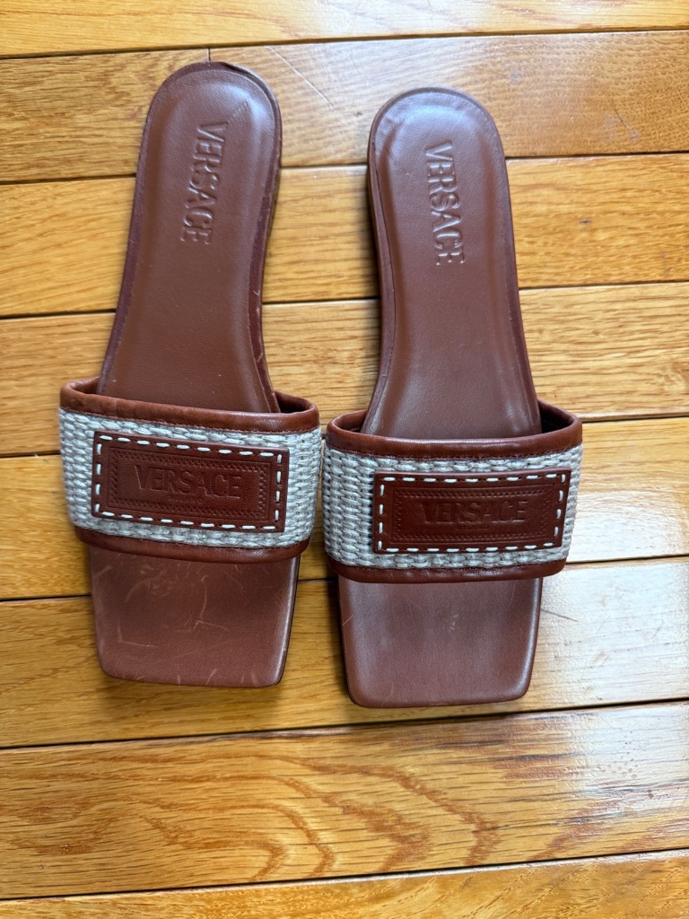 NWOT Versace Brown Leather & Cream Canvas Slide Mules